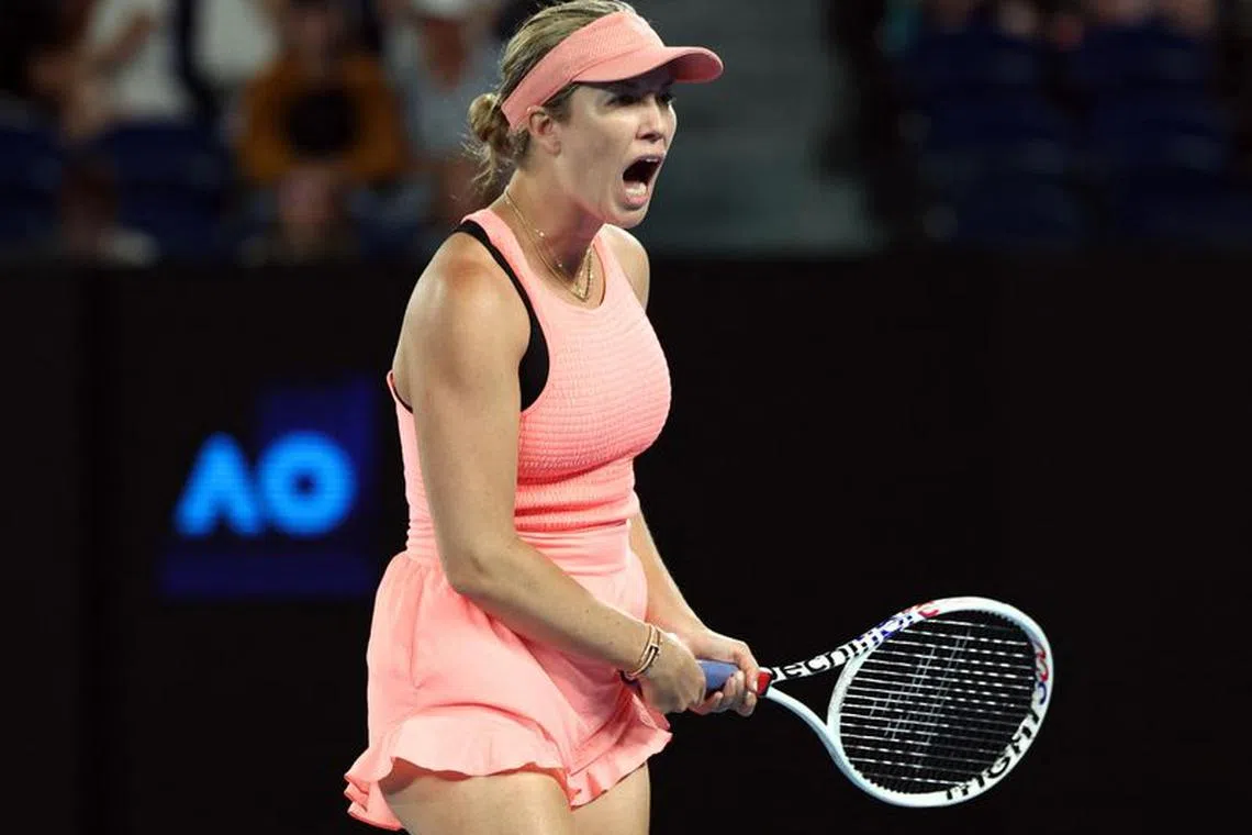 Tennis - Australian Open - Melbourne Park, Melbourne, Australia - January 18, 2024 Danielle Collins of the U.S. reacts during her second round match against Poland's Iga Swiatek REUTERS/Eloisa Lopez