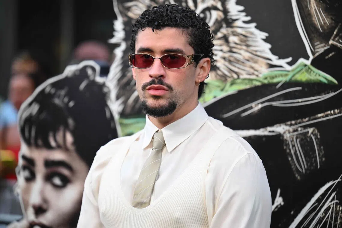 Puerto Rican singer Bad Bunny attending the premiere of the movie Caught Stealing in New York on Aug 26.