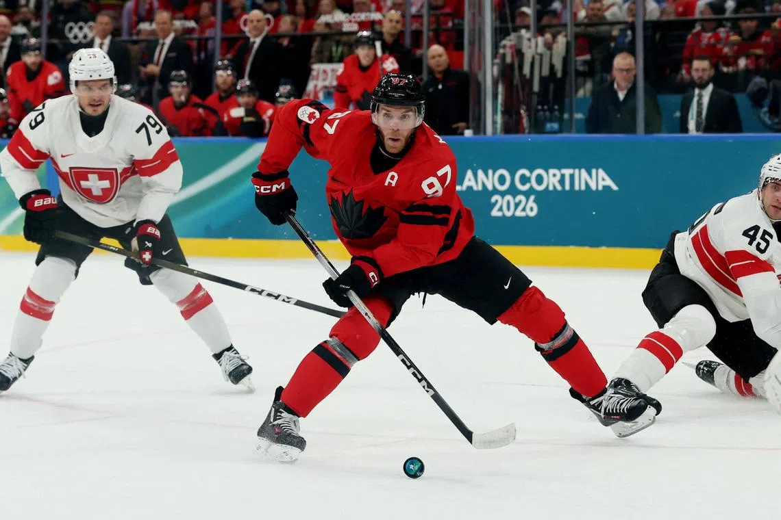 Milano Cortina 2026 Olympics - Ice Hockey - Men's Preliminary Round - Group A - Canada vs Switzerland - Milano Santagiulia Ice Hockey Arena, Milan, Italy - February 13, 2026. Connor McDavid of Canada in action REUTERS/Mike Segar