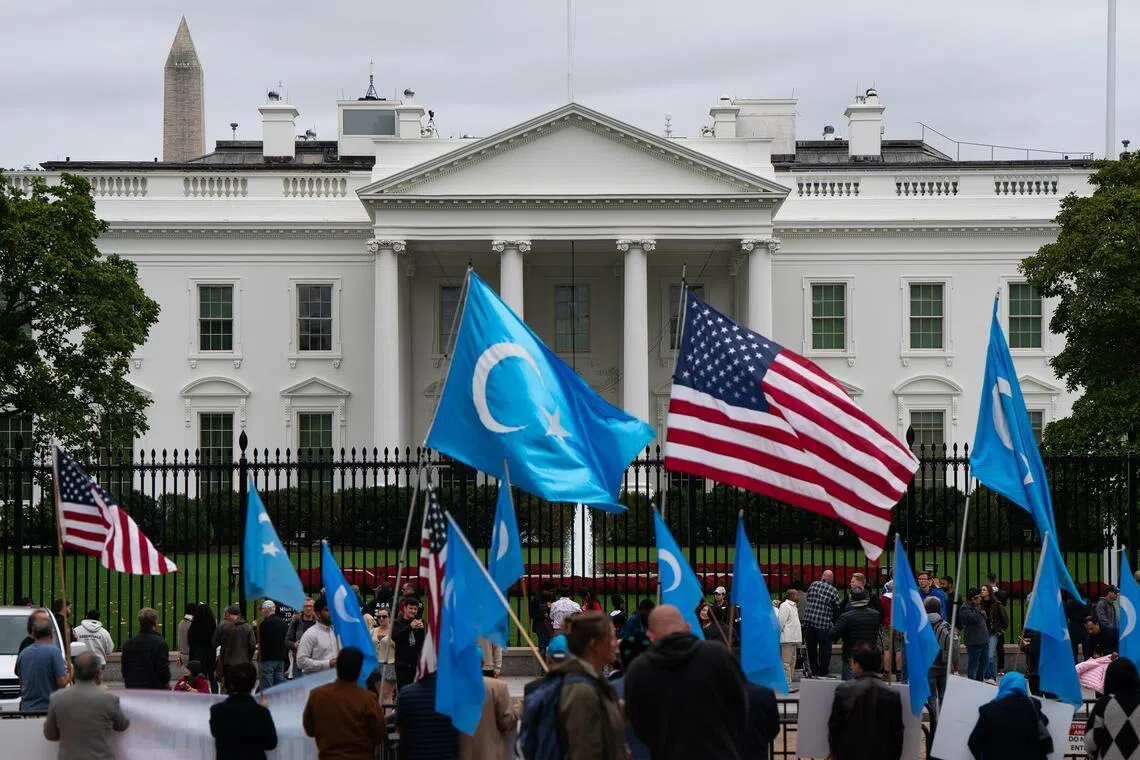 A protest in support of East Turkestan, the name some Uighurs use for the Chinese region of Xinjiang, outside the White House in Washington in 2025. 
