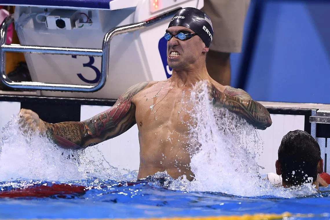 Anthony Ervin celebrates after winning the 50m freestyle gold at the 2016 Olympics, which was 16 years after he won his first gold in 2000. 