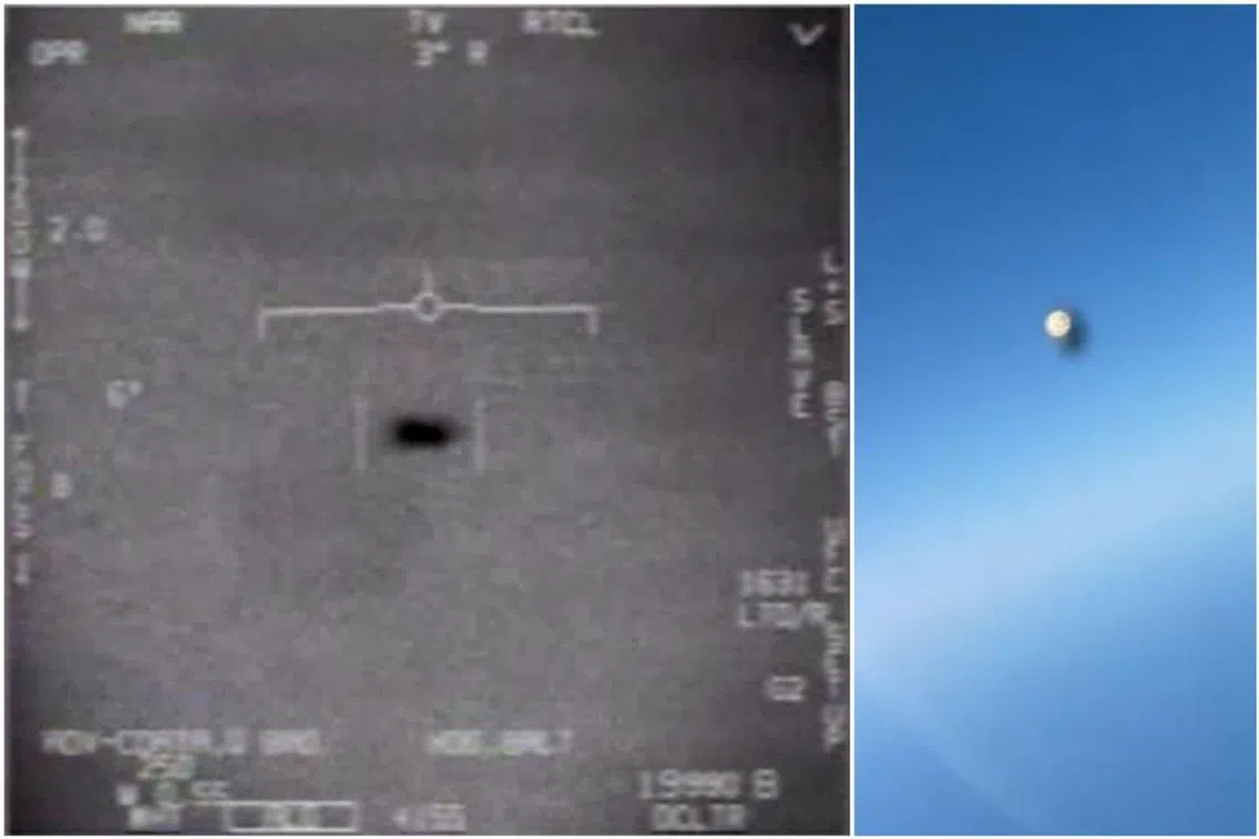 Screengrabs of unresolved UAPs in AARO's "FLIR" and "Navi 2021 Flyby" videos.