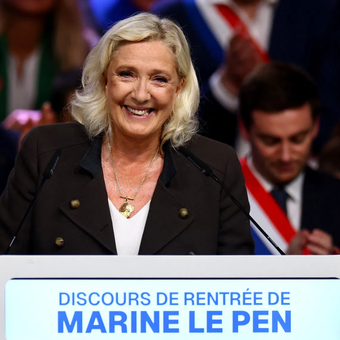 Marine Le Pen, French far-right leader and member of parliament, who is running in the 2027 French presidential election for the Rassemblement National (National Rally - RN), delivers a speech in Henin-Beaumont, northern France, September 13, 2026. REUTERS/Sarah Meyssonnier