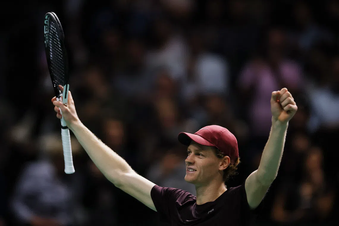 Tennis - ATP Masters 1000 - Paris Masters - Paris La Defense Arena, Nanterre, France - November 2, 2025 Italy's Jannik Sinner celebrates after winning the final match against Canada's Felix Auger-Aliassime REUTERS/Sarah Meyssonnier
