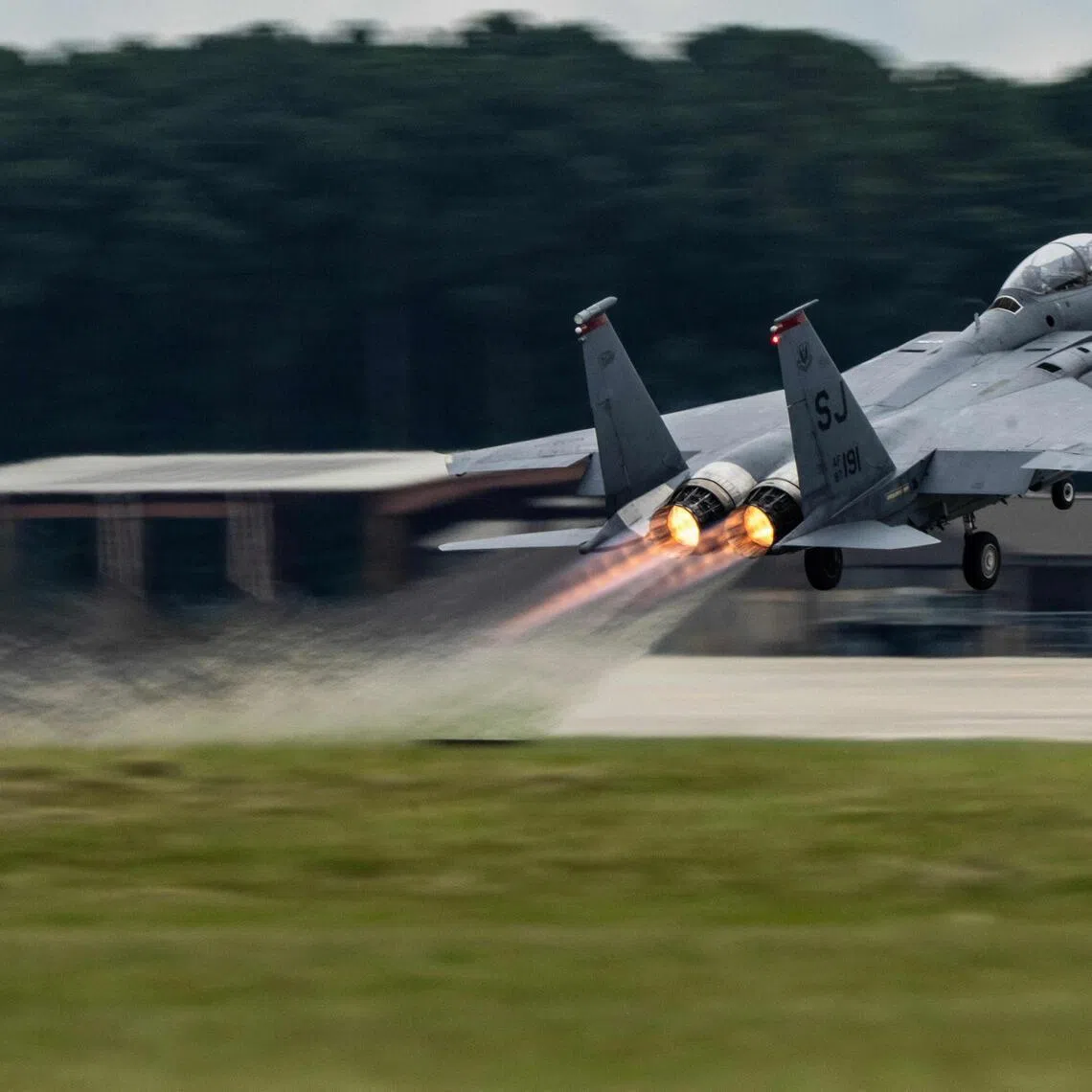 An F-15E Strike Eagle taking off for a training sortie at Seymour Johnson Air Force Base, North Carolina.