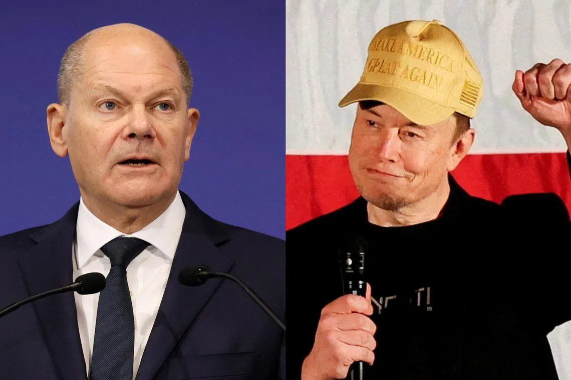 German Chancellor Olaf Scholz (left) was branded a fool by Tesla billionaire Elon Musk, on his X social media platform.