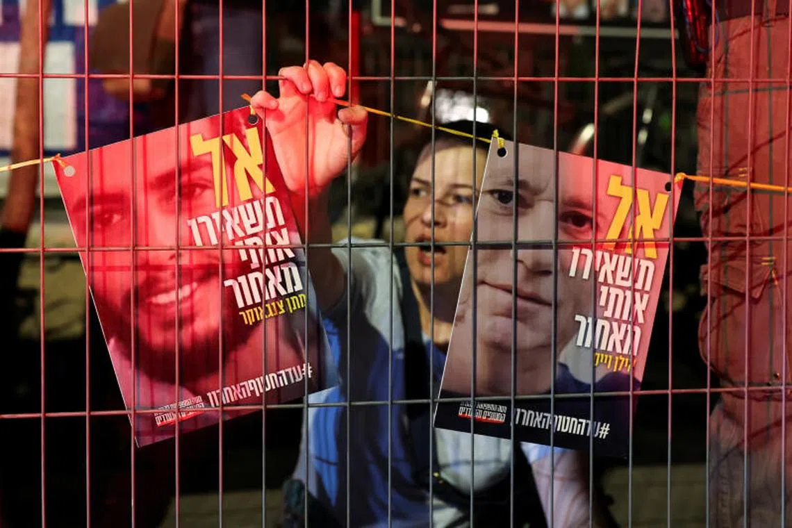 Protesters demanding the release of Israeli hostages outside Israeli Prime Minister Benjamin Netanyahu's residence, in Jerusalem, on July 17.