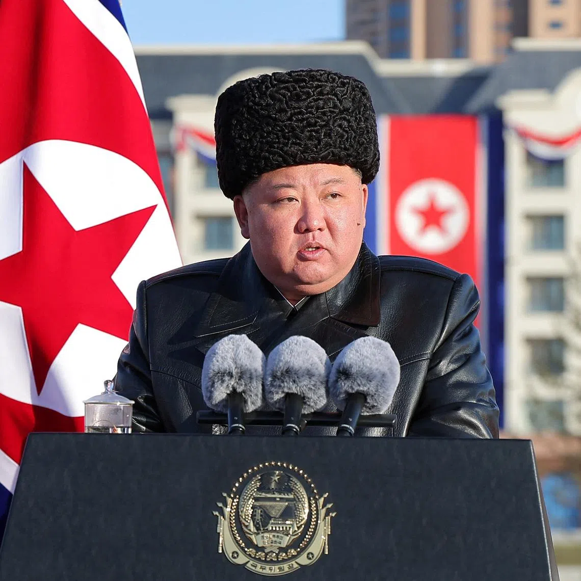 FILE PHOTO: North Korean leader Kim Jong Un presides over the completion ceremony of a new housing district in Pyongyang for families of troops who died in overseas military operations, state media KCNA said, in this picture released by North Korea's official Korean Central News Agency, February 16, 2026.  KCNA via REUTERS/ File Photo