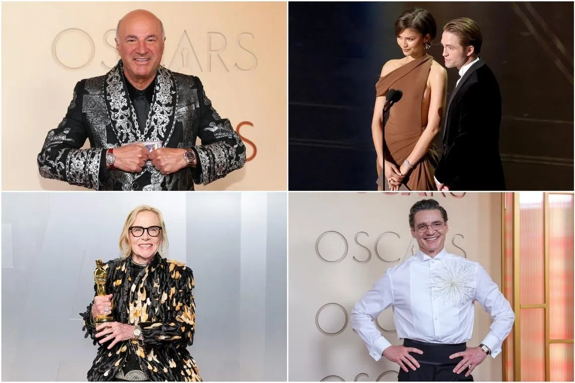 (Clockwise from top left) Kevin O'Leary, Zendaya, Robert Pattinson, Pedro Pascal and Amy Madigan at the Oscars on March 15.