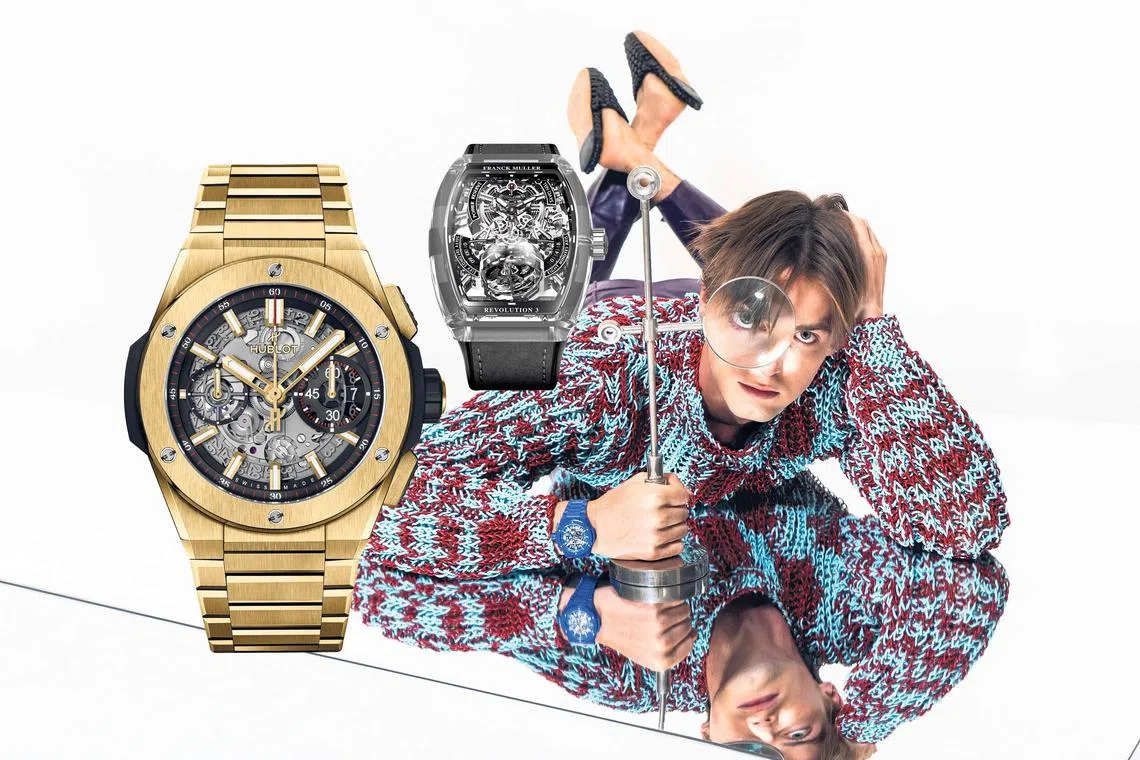 Crown & Bezel 2022 is filled with stylish visuals and breezily-written articles on this year's hottest watches including the Hublot Big Bang Integrated (left, and on model) and the Franck Muller Vanguard Revolution 3 Skeleton (right)

