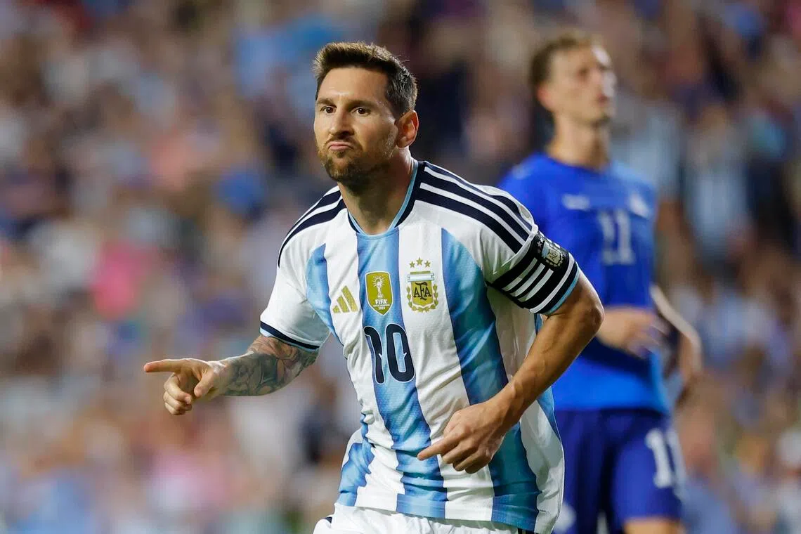 Lionel Messi celebrates after scoring Argentina's second goal in a 3-0 friendly win over Iceland on June 9.