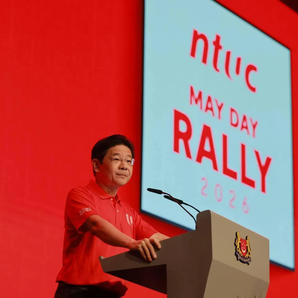 Prime Minister Lawrence Wong speaking at the May Day Rally on May 1.