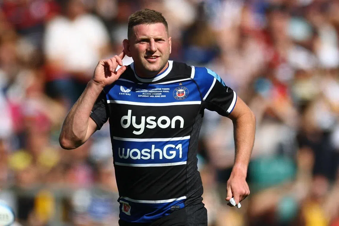 Rugby Union - Premiership Rugby - Final - Bath Rugby v Leicester Tigers - Allianz Stadium, Twickenham, London, Britain - June 14, 2025 Bath Rugby's Finn Russell celebrates after converting a penalty Action Images/Matthew Childs/ File Photo