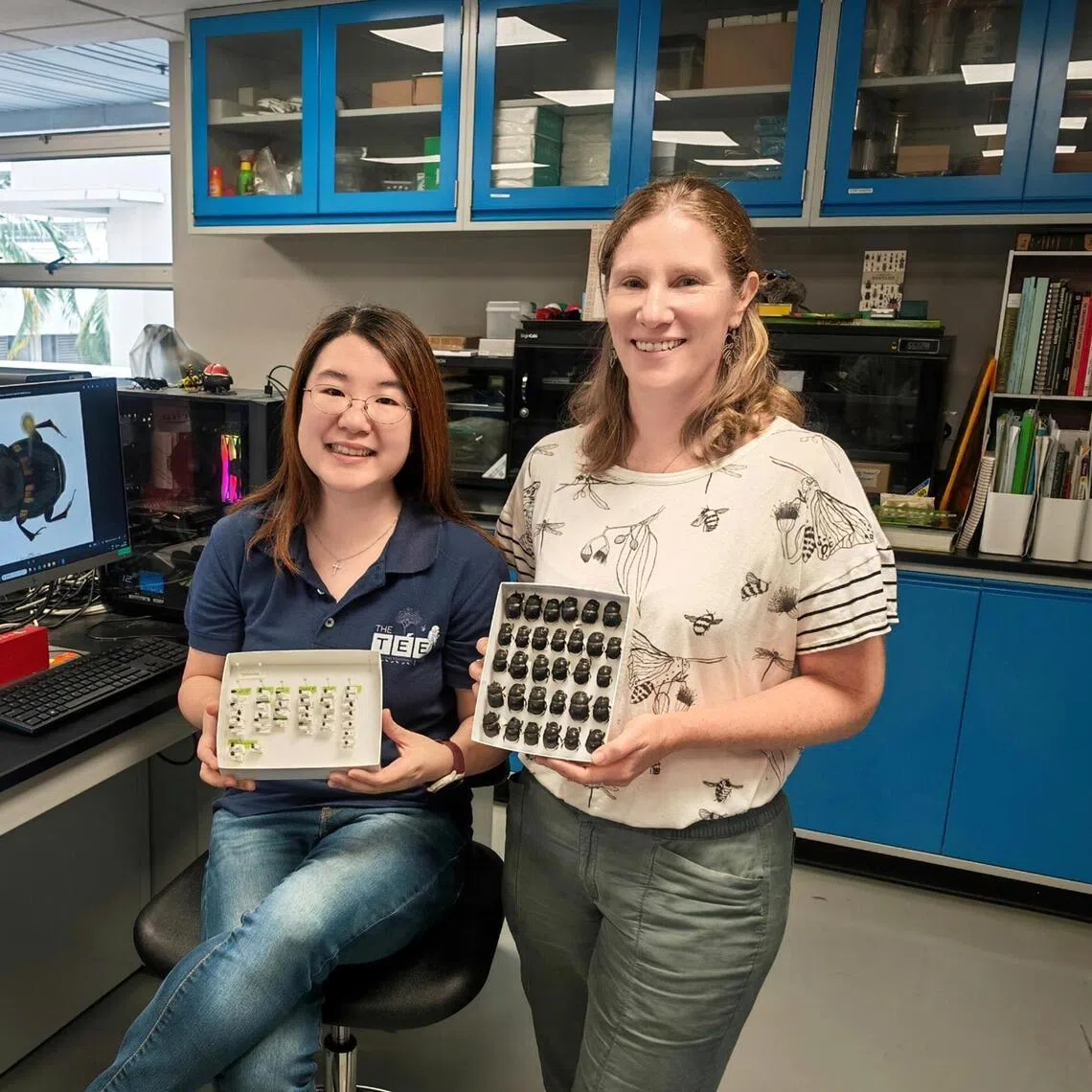 NTU research fellow Ong Xin Rui (left) and associate professor Eleanor Slade with specimens of local dung beetles. There are more than 25 known local dung beetle species in Singapore.