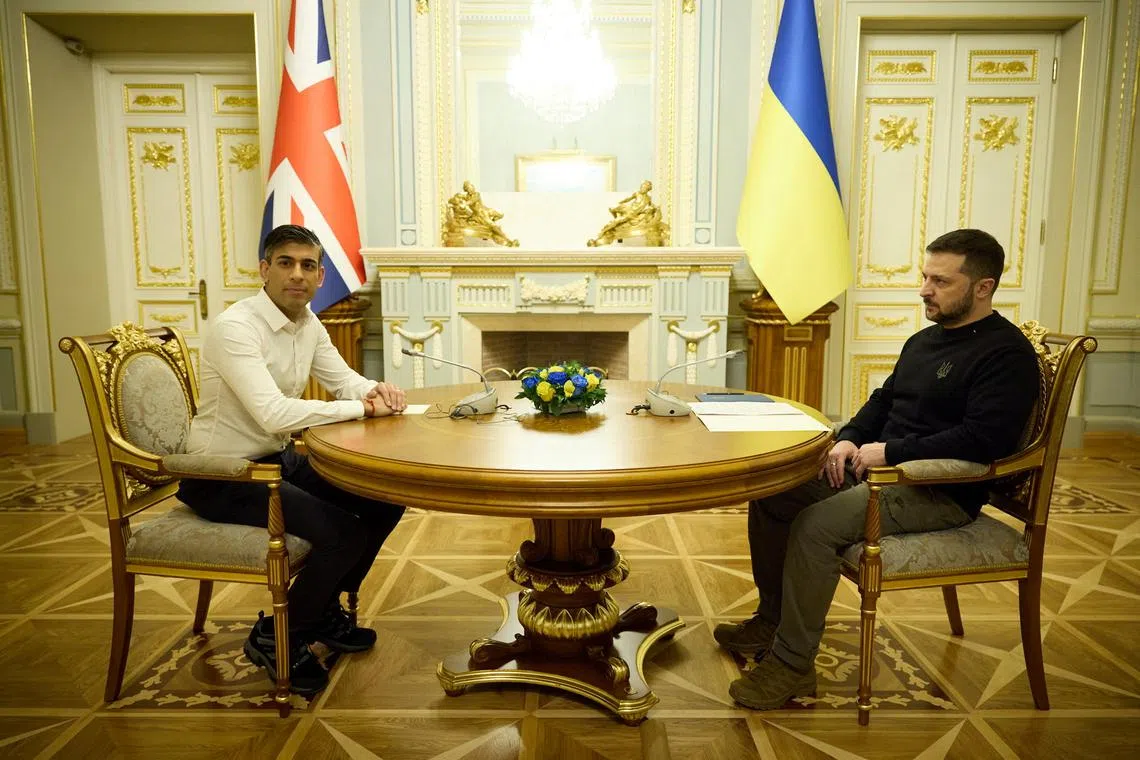 Ukraine's President Volodymyr Zelenskiy meets with British Prime Minister Rishi Sunak during his welcome, as Russia's attack on Ukraine continues, in Kyiv, Ukraine January 12, 2024. Ukrainian Presidential Press Service/Handout via REUTERS/File Photo