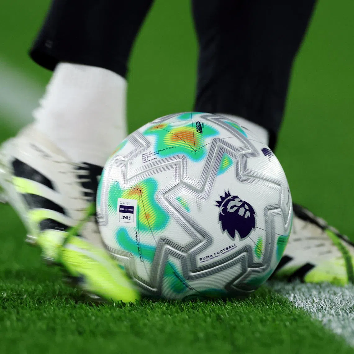 FILE PHOTO: General view of a Premier League branded match ball before the match. Elland Road, Leeds, Britain - March 3, 2026. Action Images via Reuters/Lee Smith/File Photo