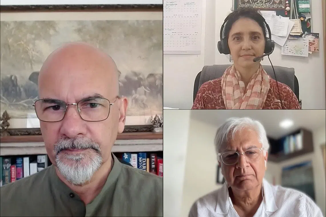 In this Green Pulse Podcast, host Nirmal Ghosh discusses the Himalayan meltdown with Dr Bandana Shakya (top right), who coordinates the Landscapes portfolio at the International Centre for Integrated Mountain Development and Kunda Dixit (bottom right), Kathmandu-based publisher of Nepali Times.