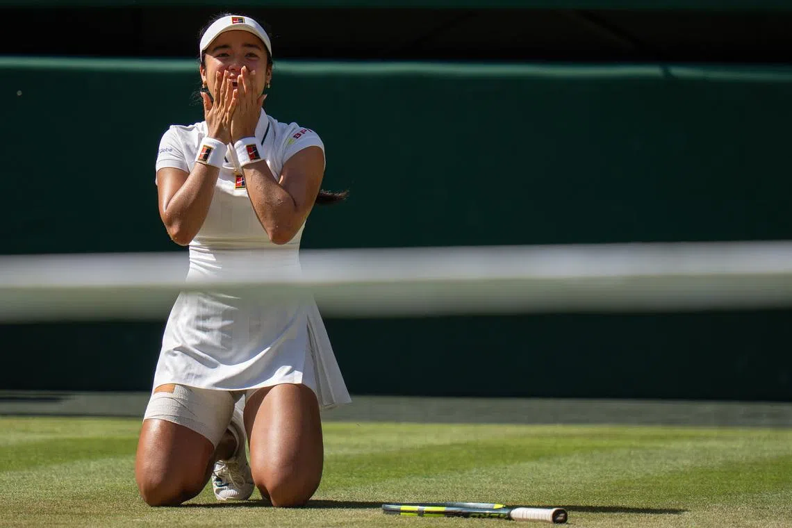 Jul 4, 2026; London, United Kingdom; Alexandra Eala of the Philippinesr celebrates winning her match against Iga Swiatek of Poland on day six at All England Lawn Tennis and Croquet Club.  Mandatory Credit: Susan Mullane-Imagn Images