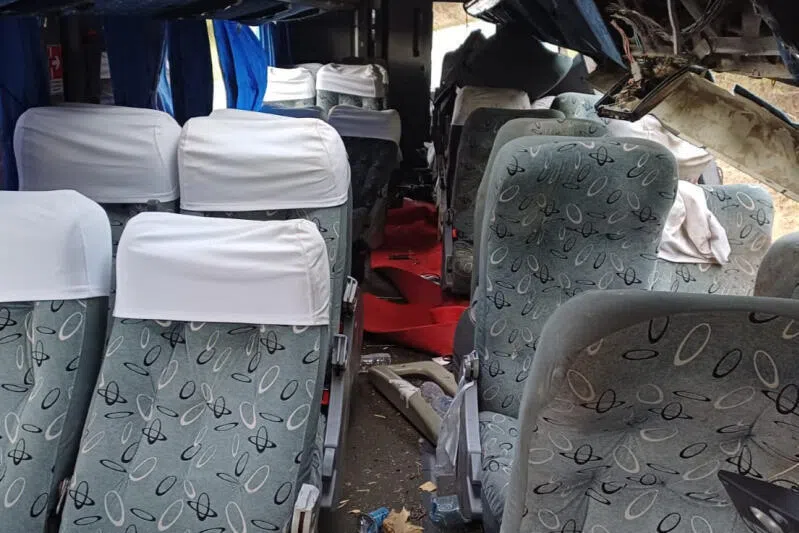 A handout image showing the interior of the bus destroyed after the accident near the city of Saloáa, in Pernambuco, Brazil.