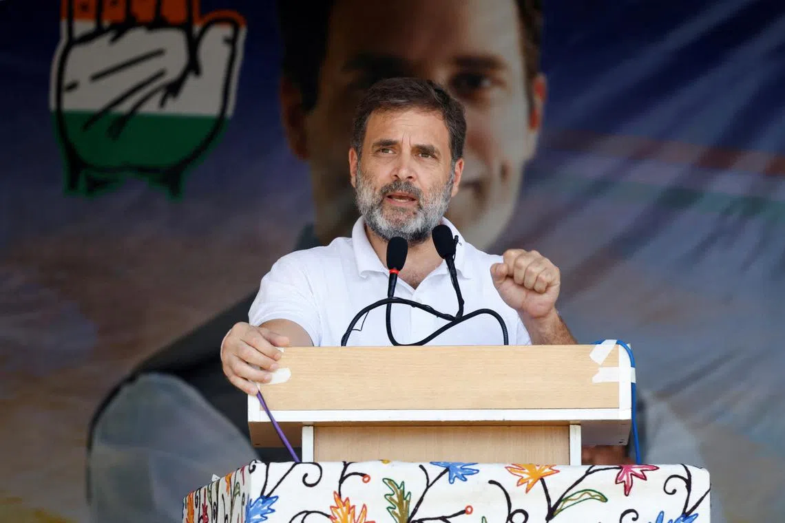 FILE PHOTO: Rahul Gandhi, a senior leader of India's main opposition Congress party, addresses his supporters during an election campaign rally ahead of the first phase of the assembly election, in Doru village in south Kashmir's Anantnag district, September 4, 2024. REUTERS/Sharafat Ali/File Photo