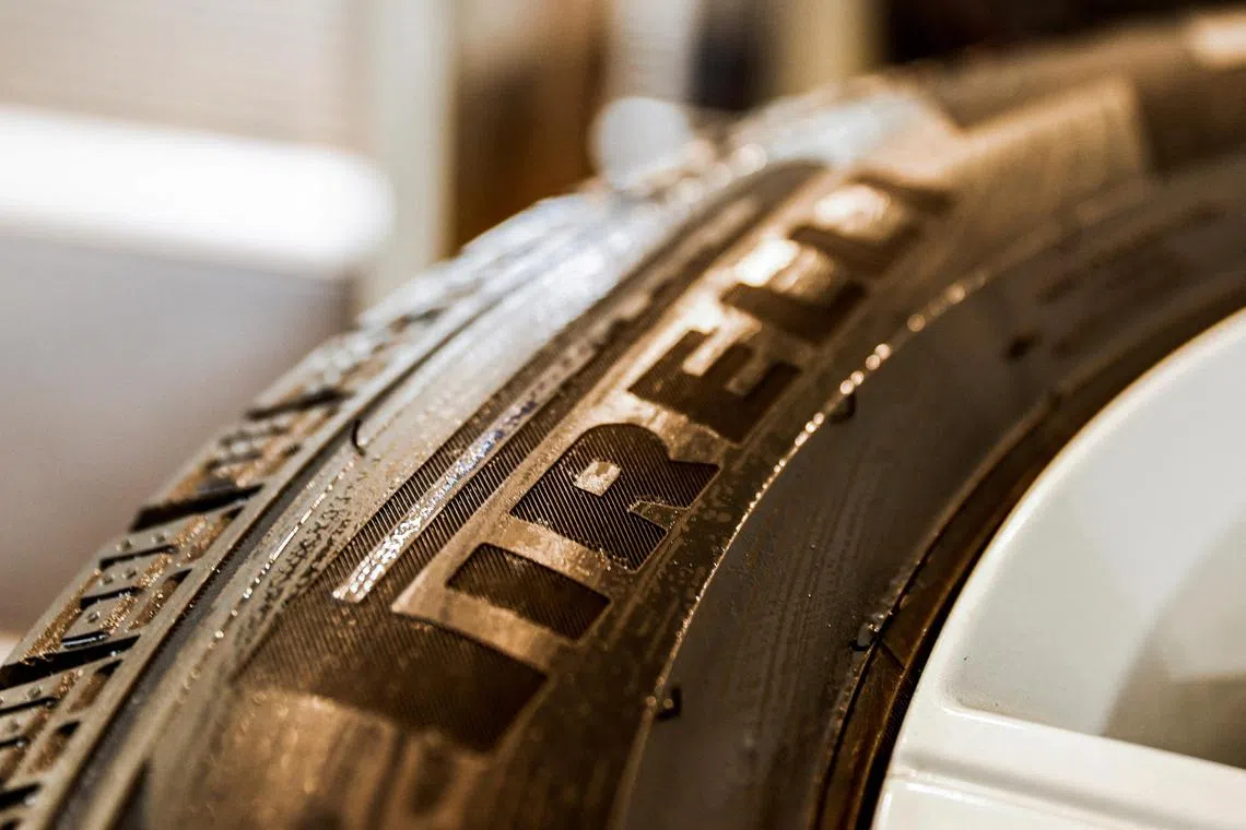 FILE PHOTO: A tyre produced by the Italian company Pirelli is on display at a dealership in Moscow, Russia, March 23, 2023. REUTERS/Maxim Shemetov/File Photo