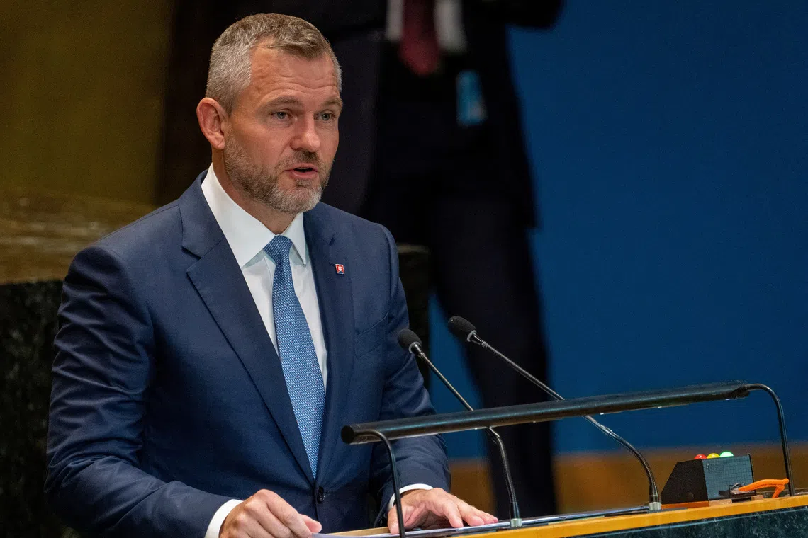 President of Slovakia Peter Pellegrini addresses the \"Summit of the Future\" in the General Assembly hall at United Nations headquarters in New York City, U.S., September 23, 2024. REUTERS/David Dee Delgado