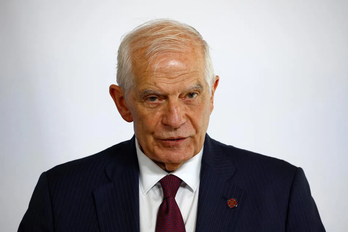 FILE PHOTO: European Union foreign policy chief Josep Borrell attends a joint news conference with European Commissioner Janez Lenarcic, German Foreign Minister Annalena Baerbock and French Foreign and European Affairs Minister Stephane Sejourne as part of an International Humanitarian Conference for Sudan and Neighbouring Countries at the Quai d'Orsay in Paris, France, April 15, 2024. REUTERS/Sarah Meyssonnier/File Photo
