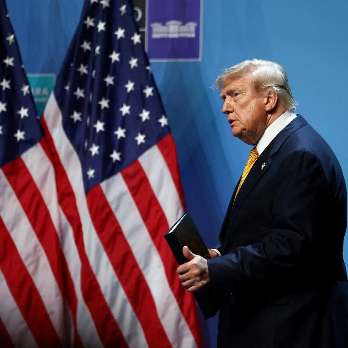 U.S. President Donald Trump arrives to speak to the media on the day of a NATO leaders' summit in Ankara, Turkey, July 8, 2026. REUTERS/Stoyan Nenov