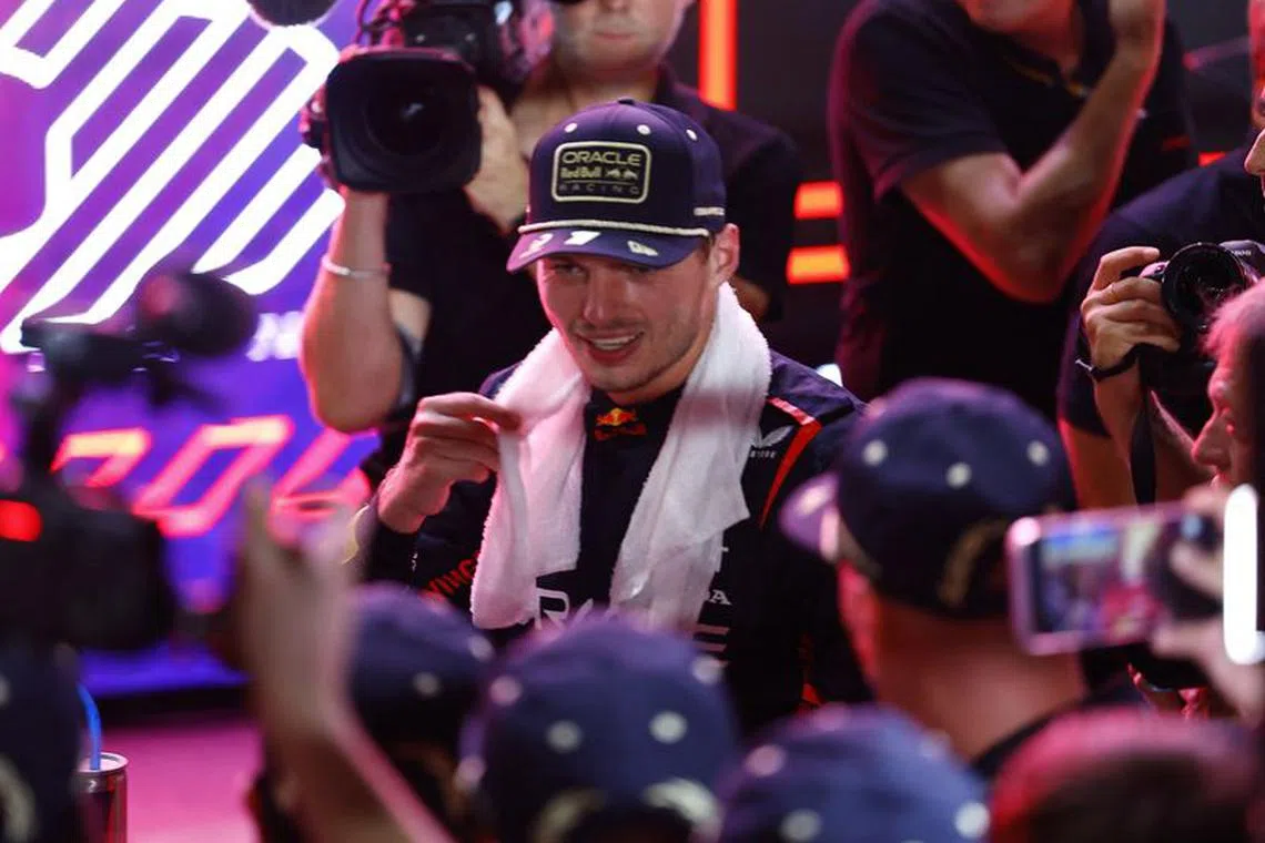 Formula One F1 - Qatar Grand Prix - Lusail International Circuit, Lusail, Qatar - October 7, 2023 Red Bull&#039;s Max Verstappen celebrates after finishing second in the sprint race and winning the championship REUTERS/Rula Rouhana