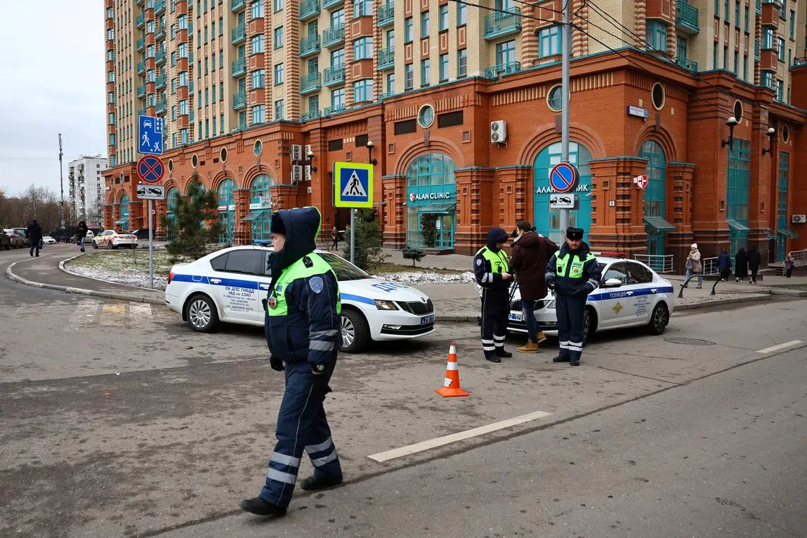 Traffic police officers patrol near the site of a blast in a residential building in Moscow, Russia February 3, 2025. REUTERS/Evgenia Novozhenina