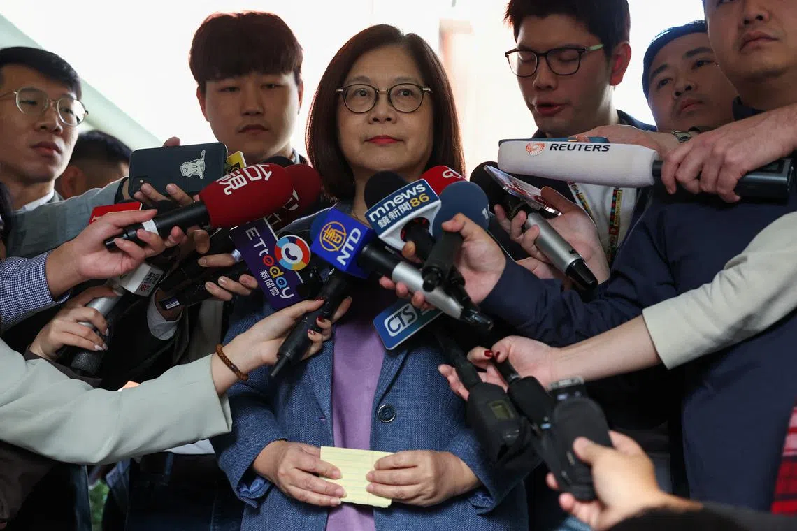 Taiwan's Ocean Affairs Council Minister Kuan Bi-ling speaks to the media before entering the parliament in Taipei, Taiwan February 20, 2024. REUTERS/Ann Wang