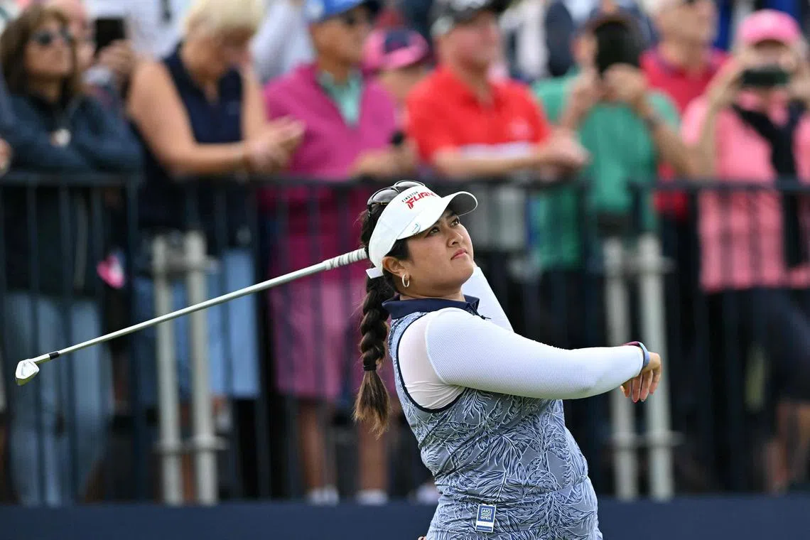 US golfer Lilia Vu watches her iron shot from the 5th tee on day 4 of the 2023 Women's British Open Golf Championship.