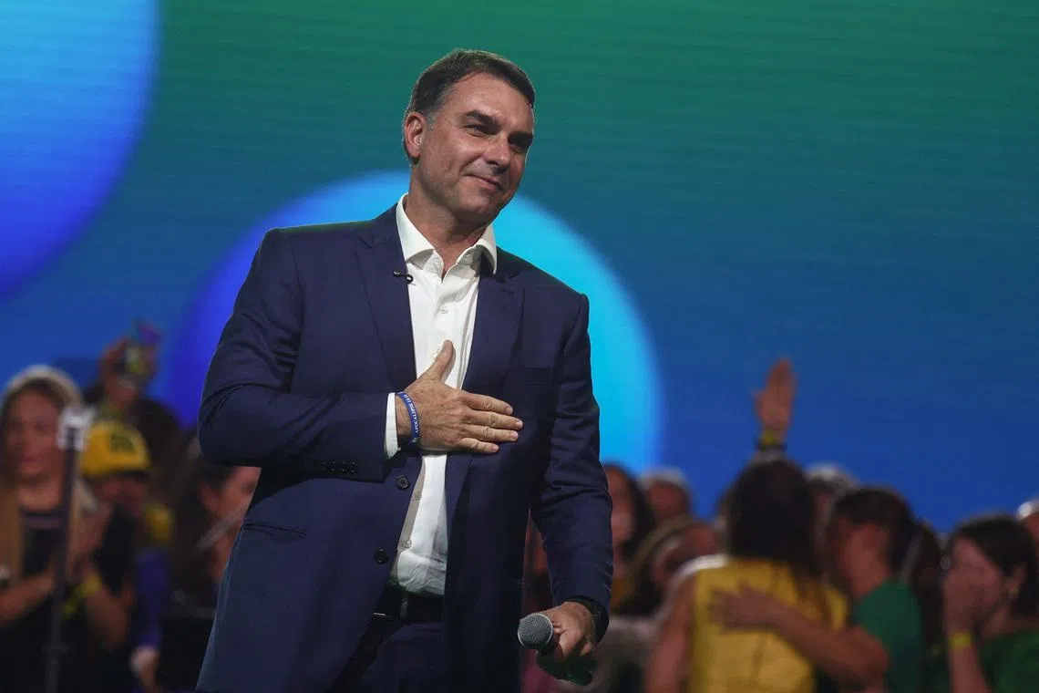 Brazilian Senator Flavio Bolsonaro, who is to be announced as candidate for Brazil's presidential elections, attends the national convention of the Liberal Party (PL) in Sao Paulo, Brazil, July 25, 2026. REUTERS/Jean Carniel