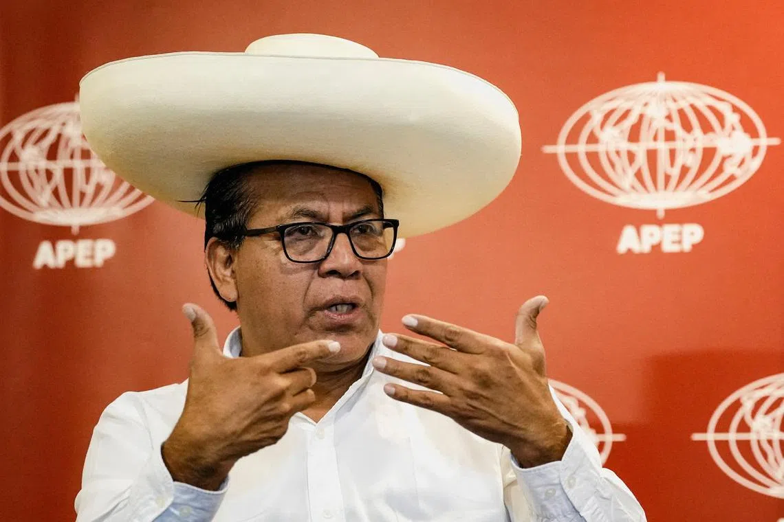 Left-wing presidential candidate Roberto Sanchez, who is expected to face right-wing presidential candidate Keiko Fujimori in a runoff in June, addresses the media in Lima, Peru, April 30, 2026. REUTERS/Angela Ponce