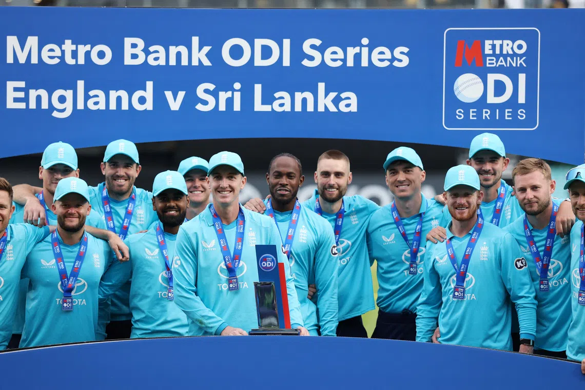 Cricket - Third One Day International - England v Sri Lanka - The Oval, London, Britain - September 27, 2026 England's Harry Brook lifts the trophy as he celebrates with teammates after winning the series Action Images via Reuters/John Sibley