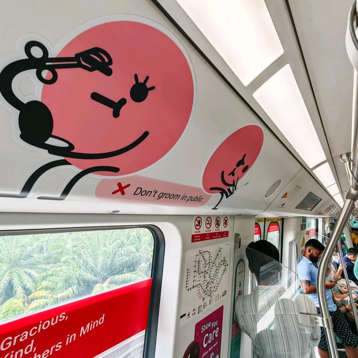 Posters featuring two cartoony characters accompanied by the caption “Don’t groom in public”, have begun appearing across trains, sparking a spirited debate. 