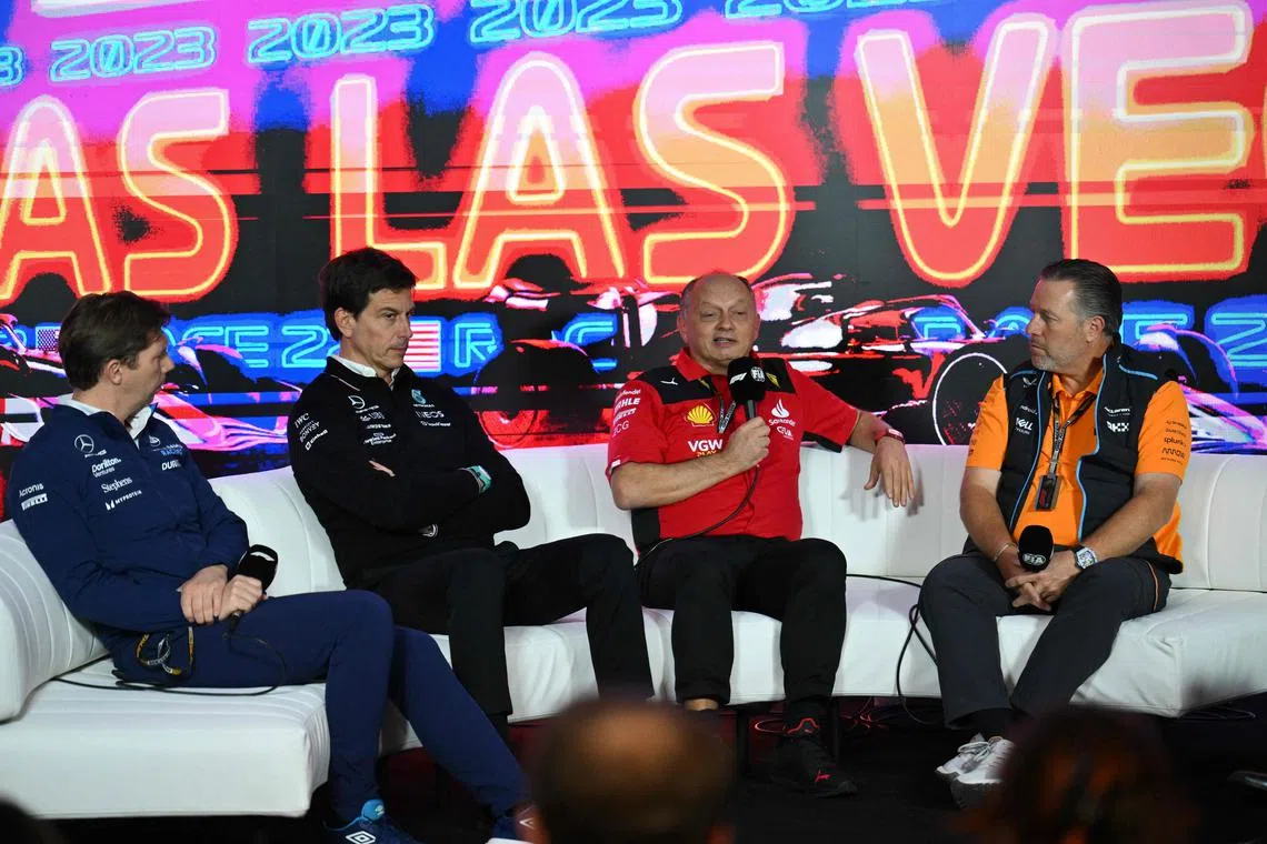 Mercedes' Toto Wolff and Ferrari's Fred Vasseur (second and third from left, respectively) clashed at a press conference over the condition of the circuit in Las Vegas.