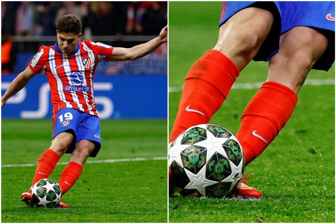 Atletico Madrid's Julian Alvarez slipped and had his penalty disallowed after it was found via VAR that his left foot touched the ball.