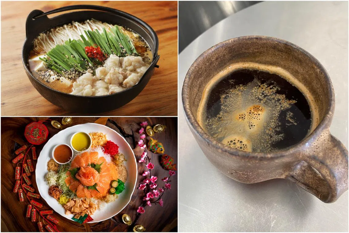 (Clockwise from top) Motsu Nabe from Kurohanabi, Long black from Rough Guys Coffee and Salmon Yusheng from Greenwood Fish Market. 