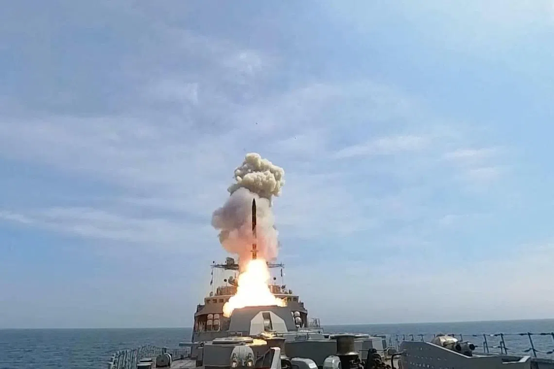 Russian frigate Marshal Shaposhnikov fires an anti-ship cruise missile at a maritime target during drills in the Sea of Japan, in this still image from video released August 21, 2025. Russian Defence Ministry/Handout via REUTERS