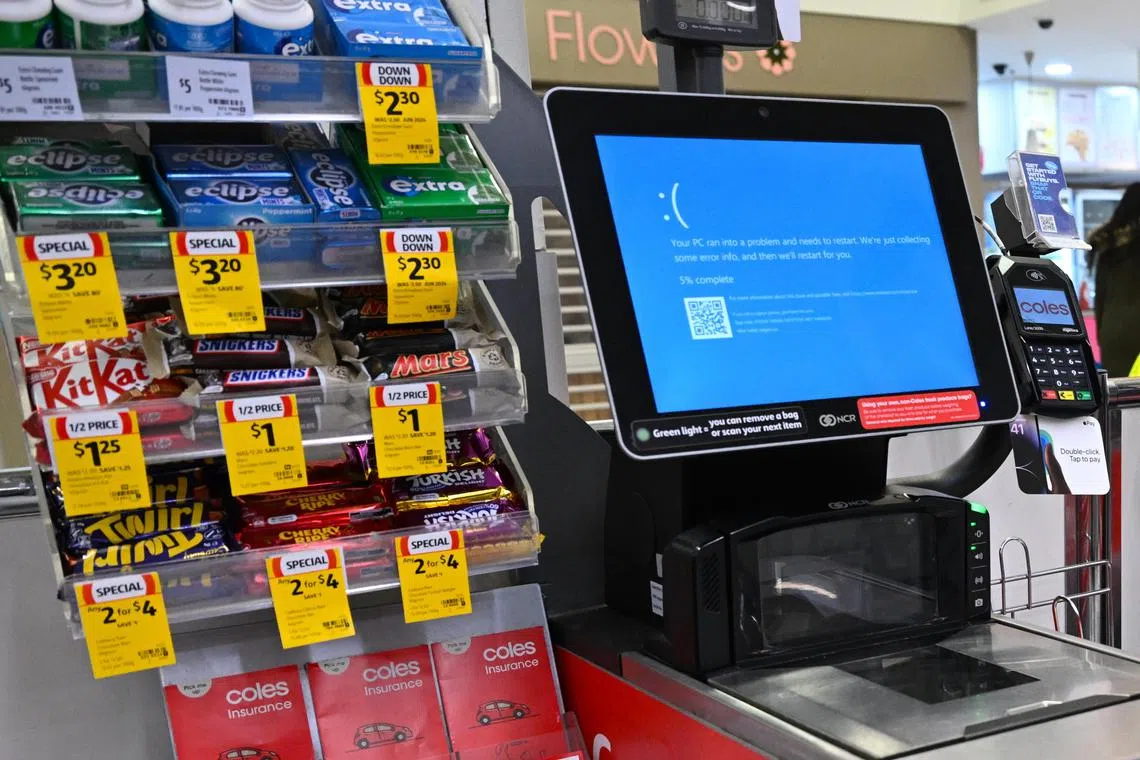 A checkout terminal affected by IT issues at a Coles store in Canberra, Australia on July 19, 2024. Australian banks and media companies have been impacted by a major IT outage. According to the National Cyber Security Coordinator, the outage is related to a technical issue with a third-party software platform, and there is no information to suggest it is a cybersecurity incident.