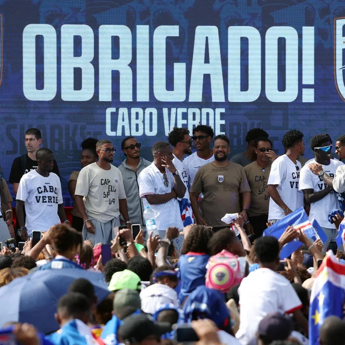 Cape Verde players celebrate with the crowd as they welcome the team after their arrival from the United States on July 5.