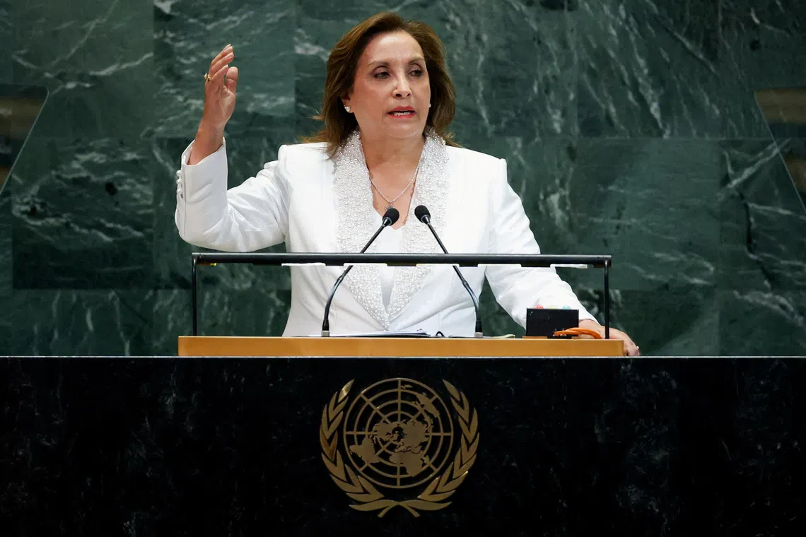 FILE PHOTO: Peru's President Dina Boluarte addresses the 80th United Nations General Assembly at U.N. headquarters in New York, U.S., September 23, 2025.  REUTERS/MIKE SEGAR/File Photo