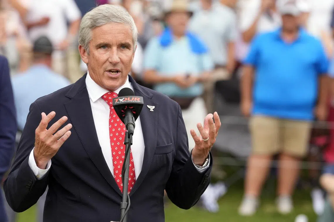 FILE PHOTO: Sep 1, 2024; Atlanta, Georgia, USA; PGA TOUR Commissioner Jay Monahan addresses the gallery gathered on the 18th green after the final round of the TOUR Championship golf tournament. Mandatory Credit: John David Mercer-USA TODAY Sports/File Photo