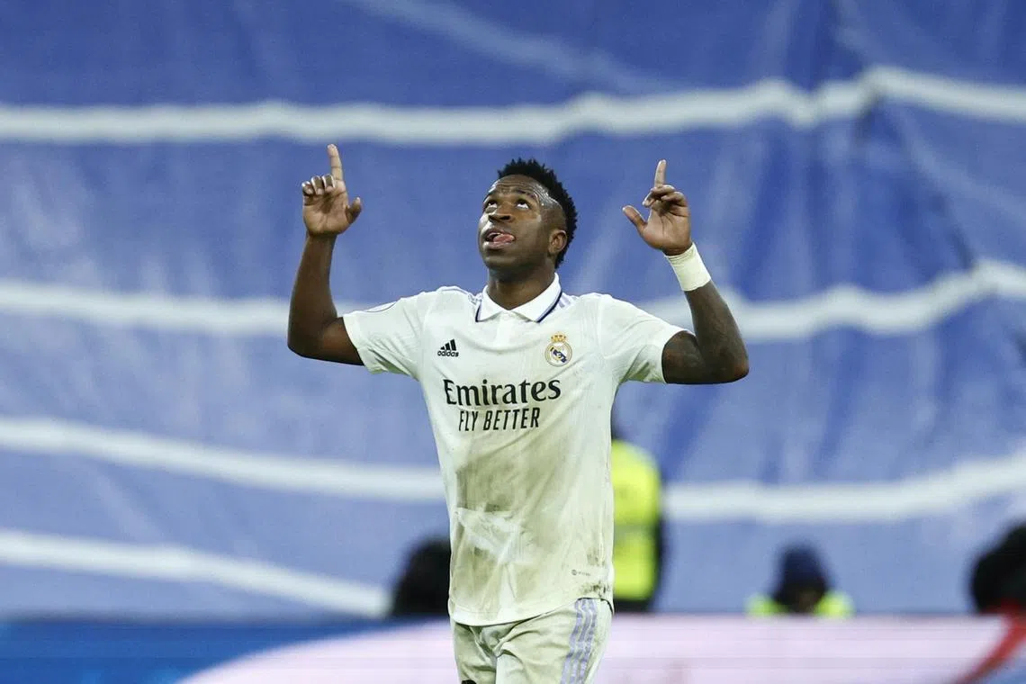 Real Madrid´s Vinicius Jr. celebrates his goal during the Spanish King's Cup quarter-final between Real Madrid and Atletico Madrid.