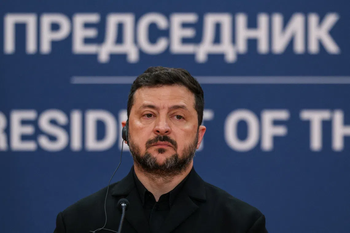Ukrainian President Volodymyr Zelenskiy attends a press conference with Serbian President Aleksandar Vucic (not pictured) during his visit to Belgrade, Serbia, August 8, 2026. REUTERS/Marko Djurica