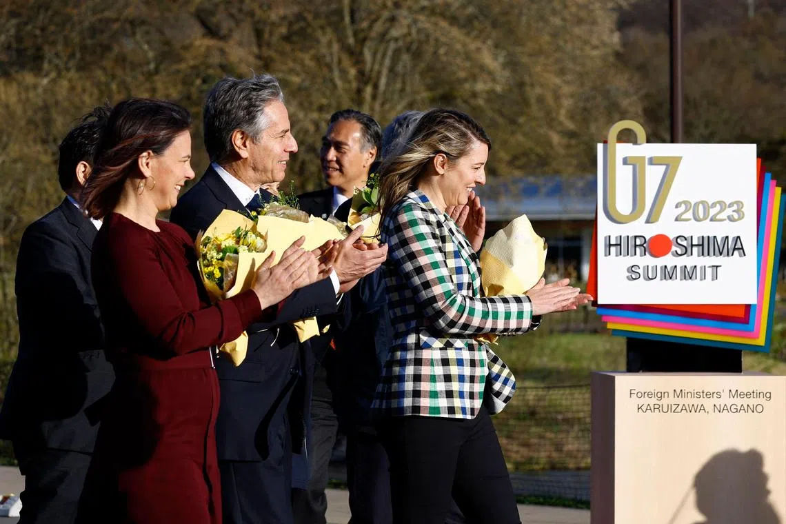 (From left) German Foreign Minister Annalena Baerbock, US Secretary of State Antony Blinken and Canadian Foreign Minister Melanie Joly at the welcoming G-7 event in Japan.