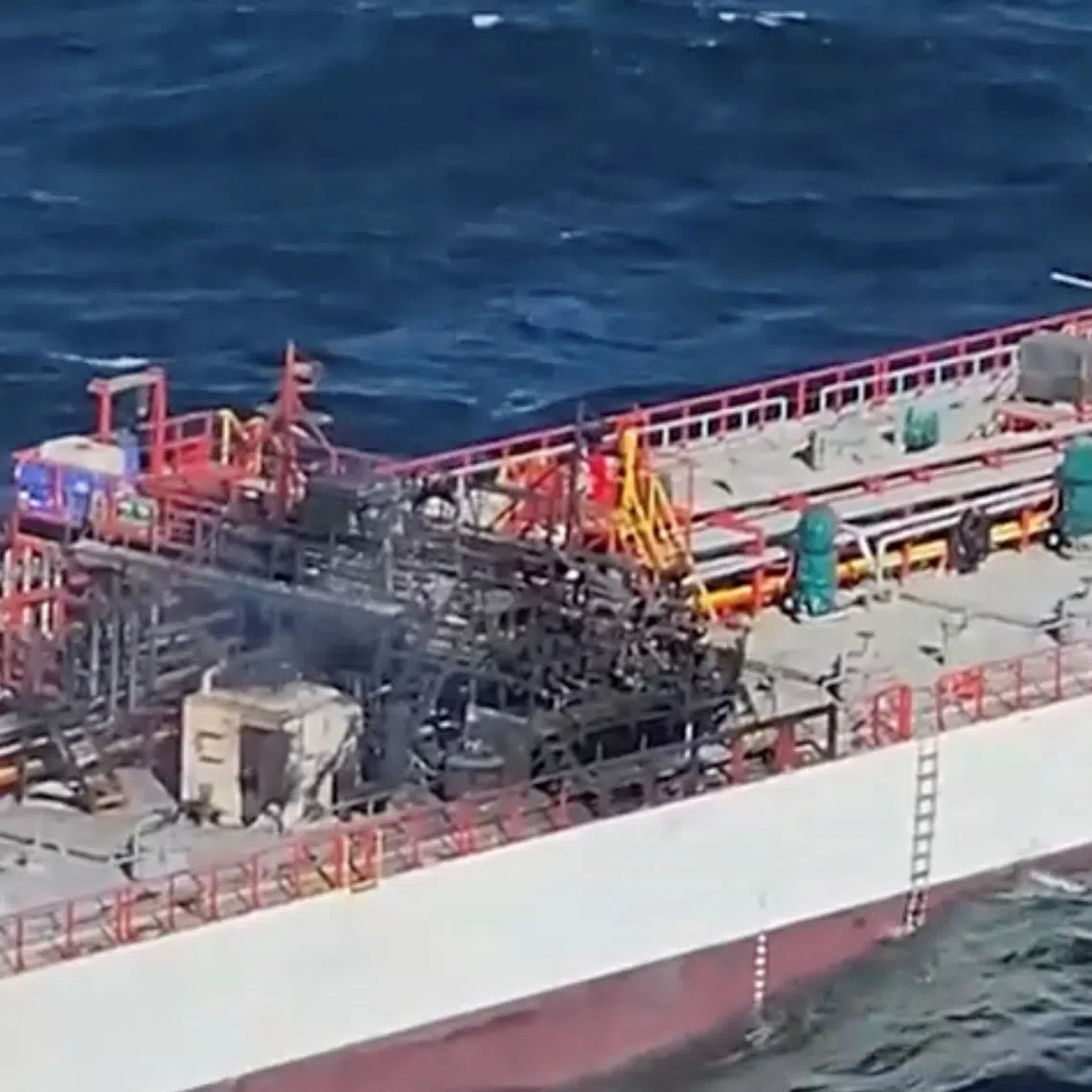 A screengrab from an aerial footage shows San Marino-flagged tanker wine trader ship that caught fire in Romanian territorial waters, released October 15, 2026. Romanian Interior Ministry/Handout via REUTERS