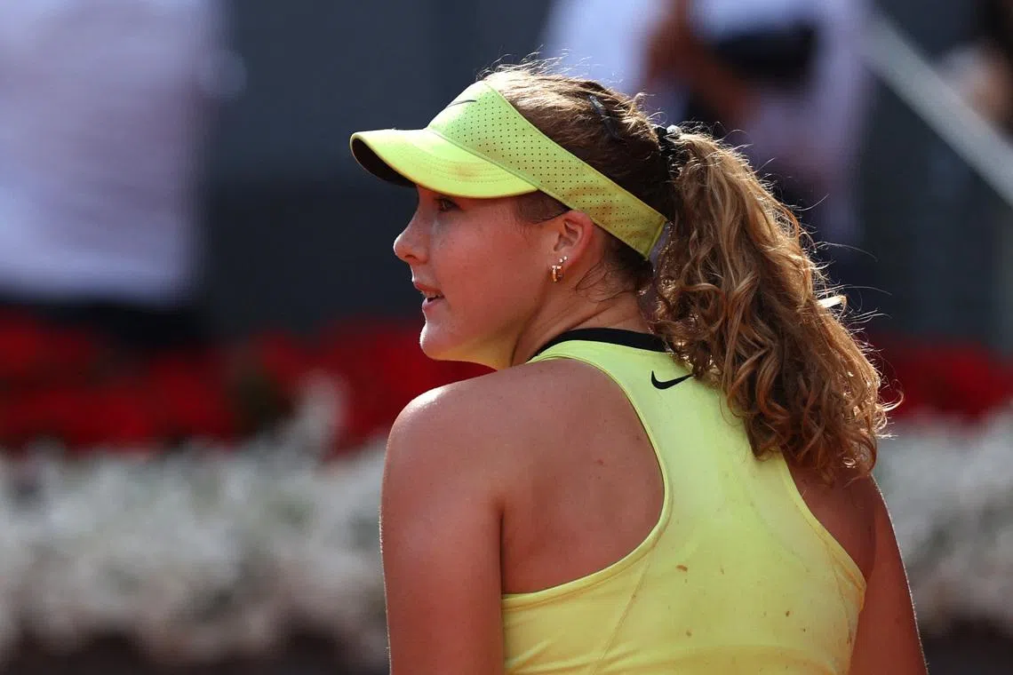 Tennis - Madrid Open - Park Manzanares, Madrid, Spain - April 30, 2026 Russia's Mirra Andreeva reacts during her semi final match against Hailey Baptiste of the U.S. REUTERS/Violeta Santos Moura