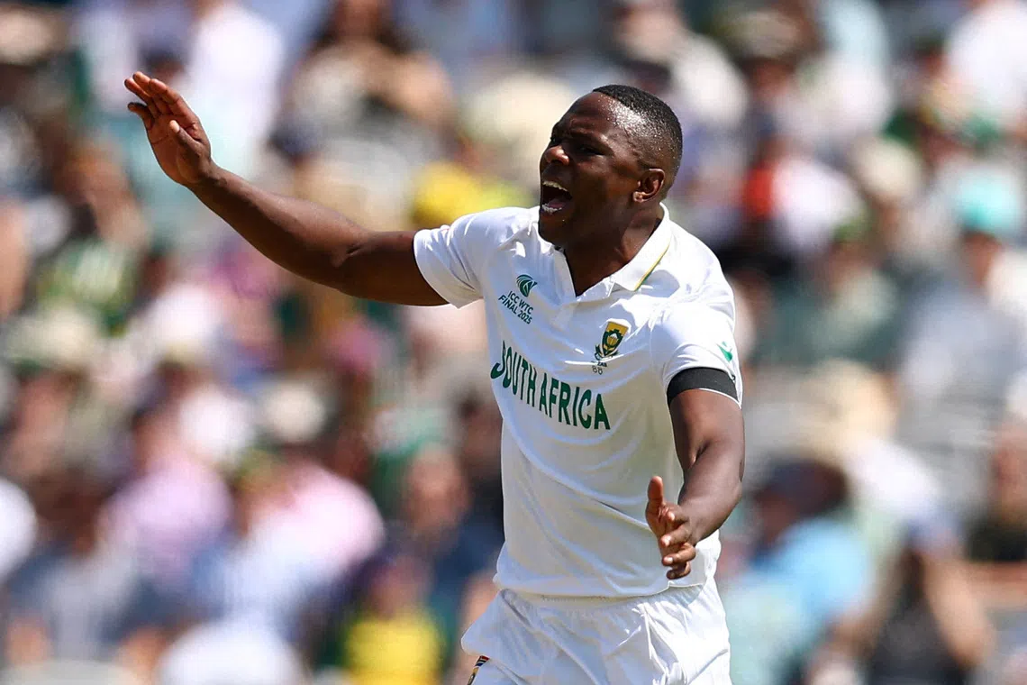 FILE PHOTO: Cricket - 2025 ICC World Test Championship Final - South Africa v Australia - Lord's Cricket Ground, London, Britain - June 13, 2025 South Africa's Kagiso Rabada appeals successfully for the LBW wicket of Australia's Nathan Lyon Action Images via Reuters/Andrew Boyers/File Photo